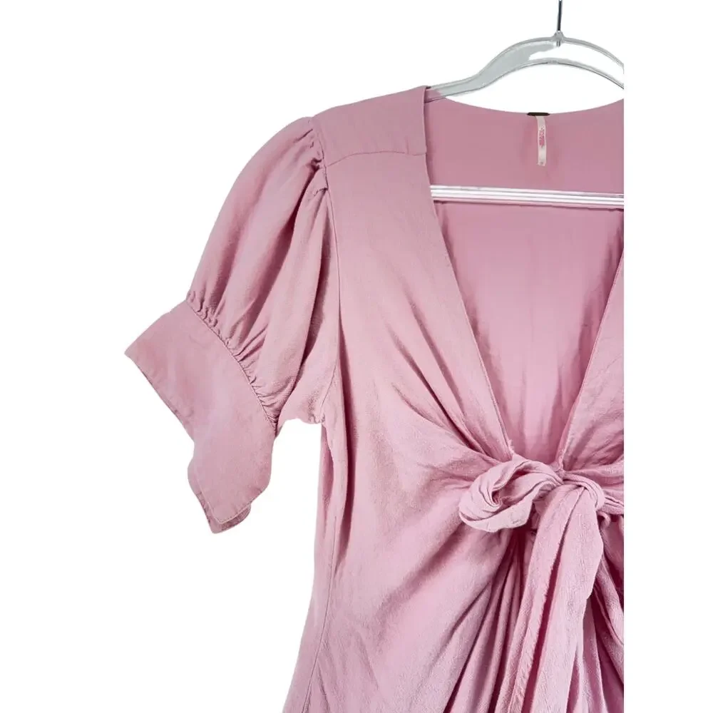 Free People endless summer Pink Tie Front Midi Dress Cottagecore Puff Sleeve  M